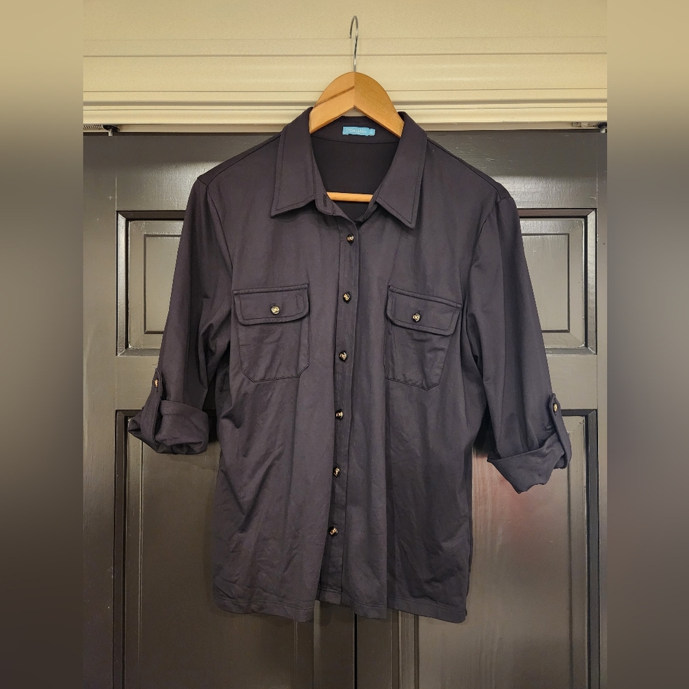 J. McLaughlin Womens Black Gold Button Down Knit Camp Shirt, Size L